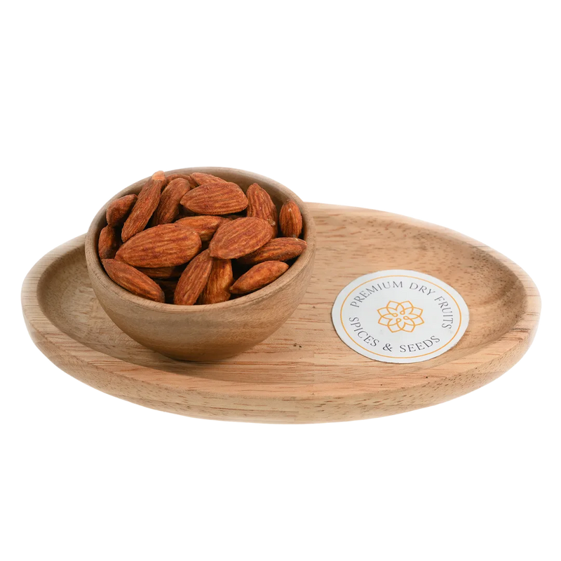 Almonds Peri Peri Spiced Badam in wooden bowl – crunchy roasted almonds coated with hot peri peri spices for bold tangy snacking
