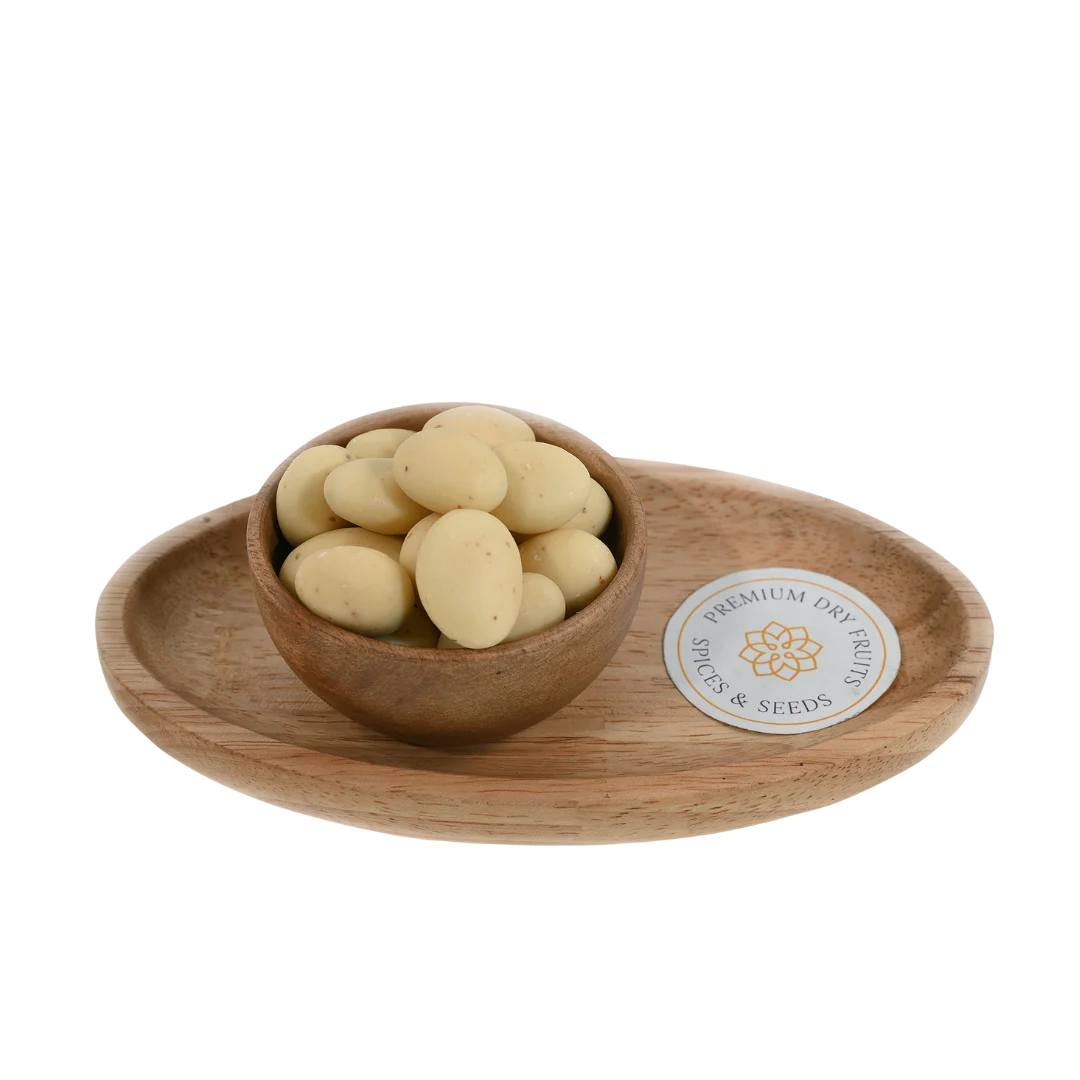 Almonds Rasmalai Chocolate Coated Badam in wooden bowl – premium roasted almonds coated with rich rasmalai flavored chocolate for festive sweet snacking
