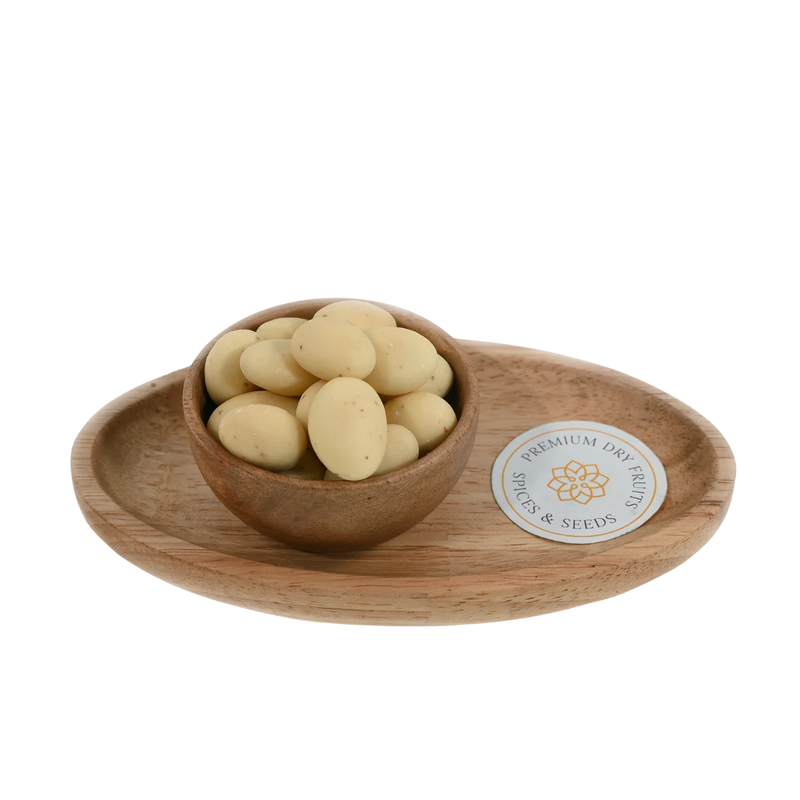 Almonds Rasmalai Chocolate Coated Badam in wooden bowl – premium roasted almonds coated with rich rasmalai flavored chocolate for festive sweet snacking