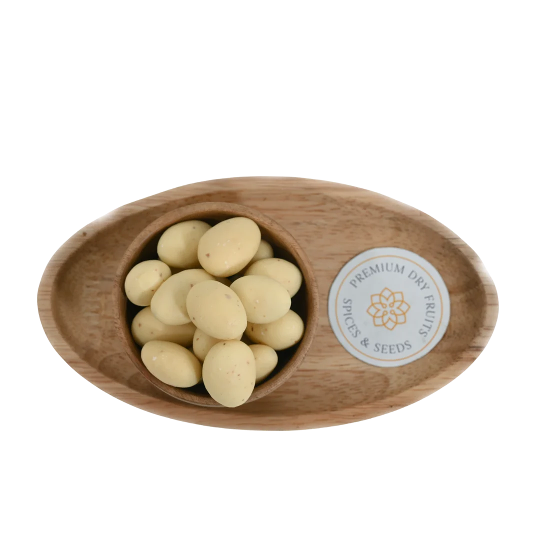 Rasmalai Chocolate Coated Almonds Badam close up – delicious fusion dry fruits with creamy Indian sweet flavor perfect for gifting