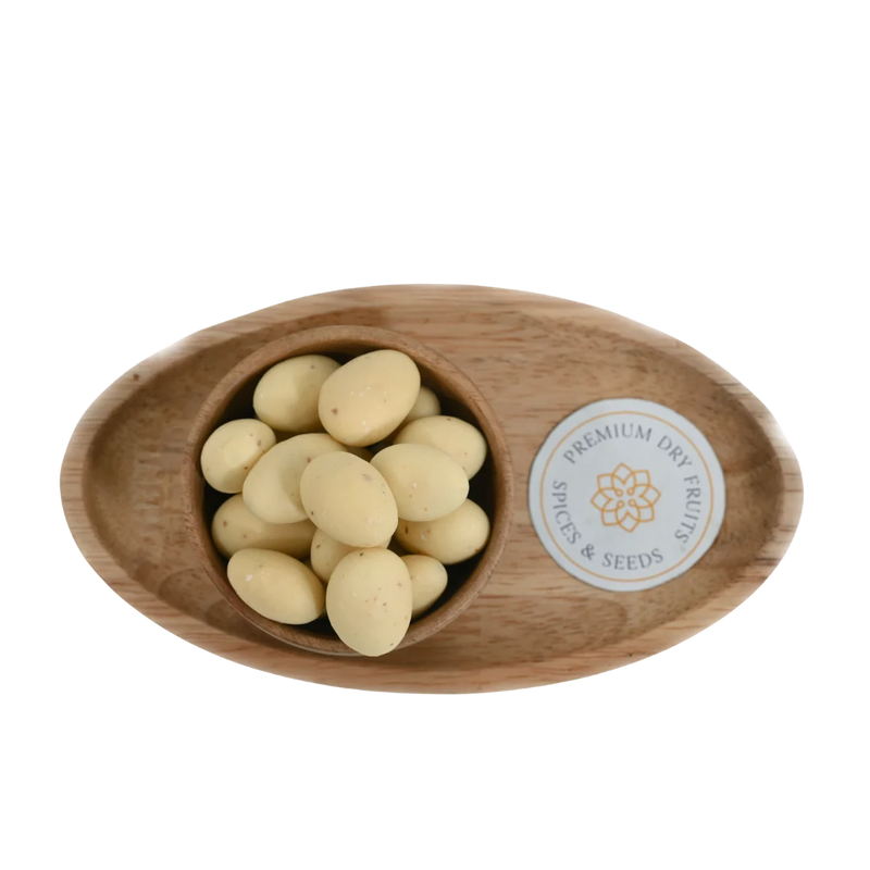 Rasmalai Chocolate Coated Almonds Badam close up – delicious fusion dry fruits with creamy Indian sweet flavor perfect for gifting