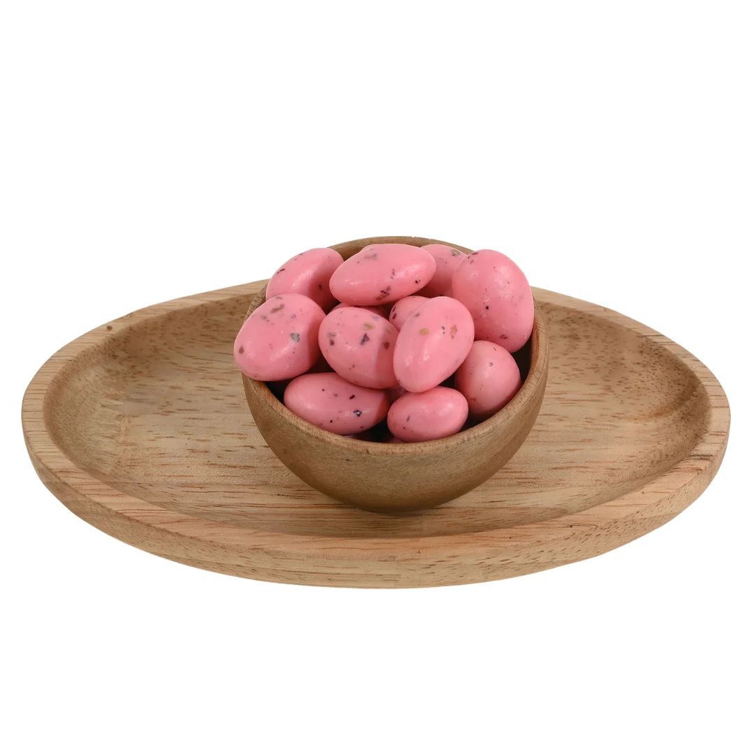 Rose Petal Chocolate Coated Almonds Badam close up – luxury dry fruits infused with floral rose flavor perfect for gifting and celebrations