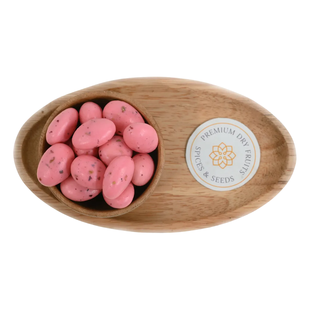 Premium Almonds Rose Petal Chocolate Coated Badam on rustic background – unique fusion of nuts and rose chocolate rich in antioxidants and taste