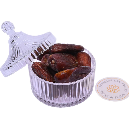 Amber Dates Saudi Arabia Premium in glass bowl – rich, soft, and naturally sweet gourmet dates