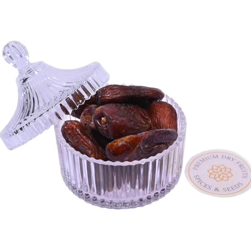 Amber Dates Saudi Arabia Premium in glass bowl – rich, soft, and naturally sweet gourmet dates