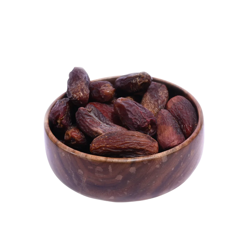 Amber Dates Select from Saudi Arabia in wooden bowl – soft, chewy, and healthy dates