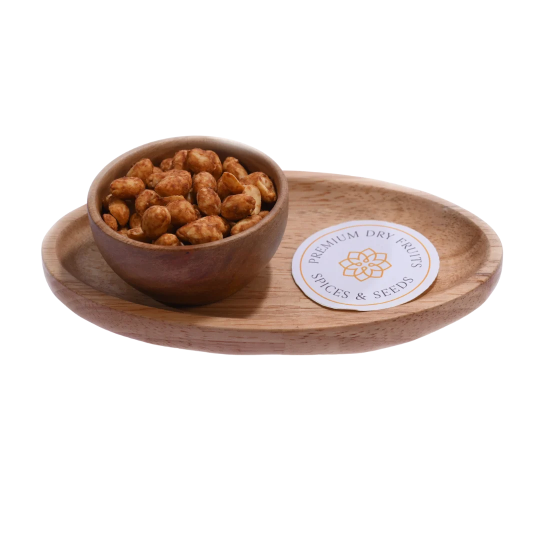 Barbeque Peanuts or Moong Phalee Premium Roasted in Wooden Bowl – Spicy Smoky Flavor Healthy Protein-Rich Snack
