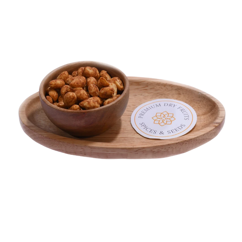 Barbeque Peanuts or Moong Phalee Premium Roasted in Wooden Bowl – Spicy Smoky Flavor Healthy Protein-Rich Snack