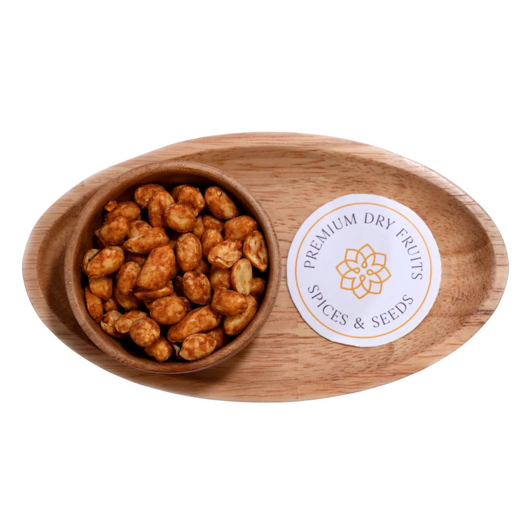Smoky Barbeque Flavored Peanuts Moong Phalee in Wooden Bowl – Crunchy Roasted Snack Perfect for Parties and Travel