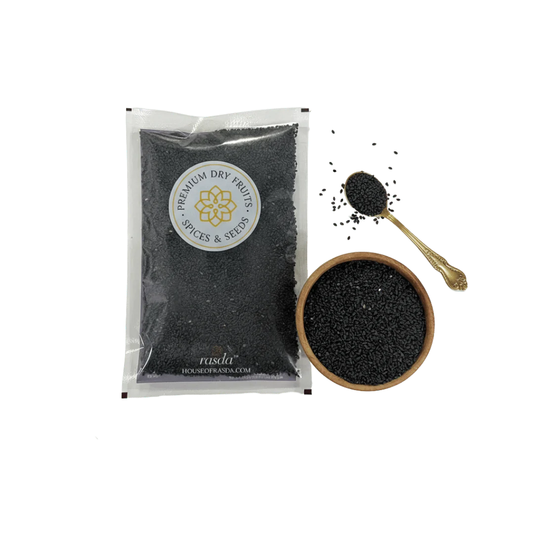 Basil Seeds in a transparent packaging with a branded label, next to a wooden bowl and spoon filled with seeds on a white background.