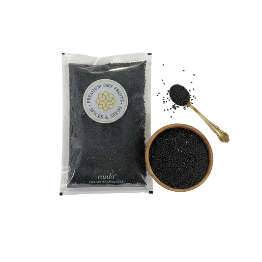 Basil Seeds in a transparent packaging with a branded label, next to a wooden bowl and spoon filled with seeds on a white background.