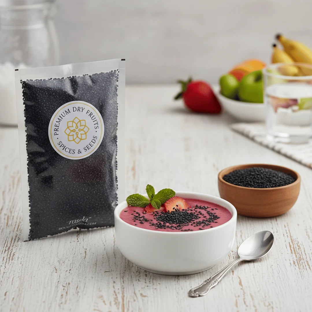 Basil Seeds package with a bowl of fruit salad on a wooden table