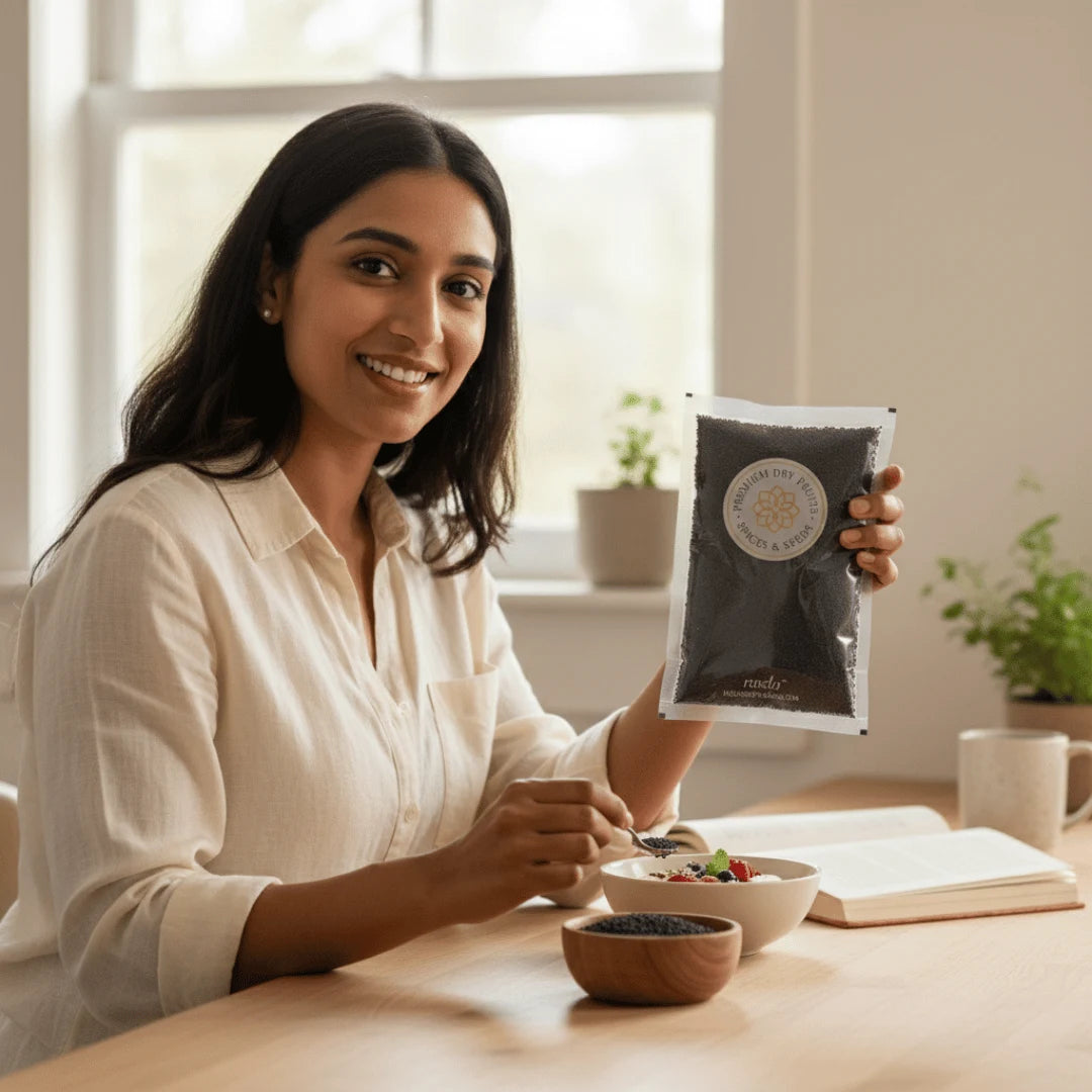 Woman holding a package of Basil Seeds