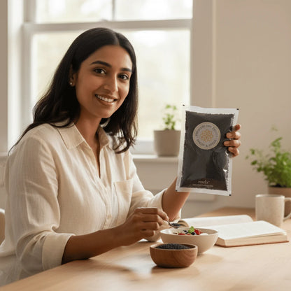 Woman holding a package of Basil Seeds