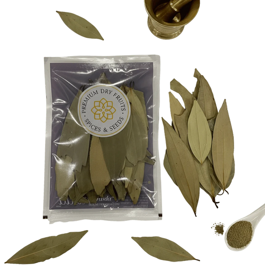 Rasda premium bay leaves tej patta pack with whole dried bay leaves on transparent background