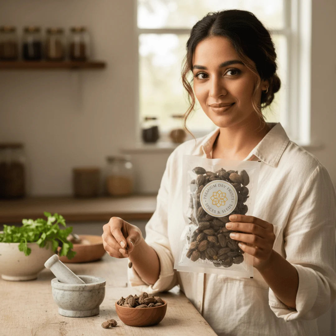 Woman holding a package of Black Cardamom in a kitchen setting