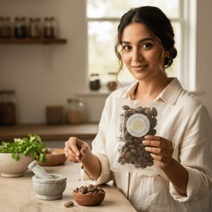 Woman holding a package of Black Cardamom in a kitchen setting