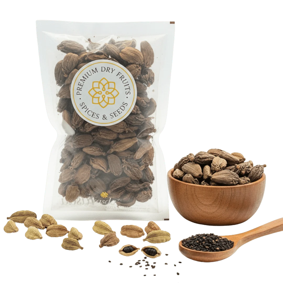 Packaged Black Cardamom with a bowl and spoon on a white background.