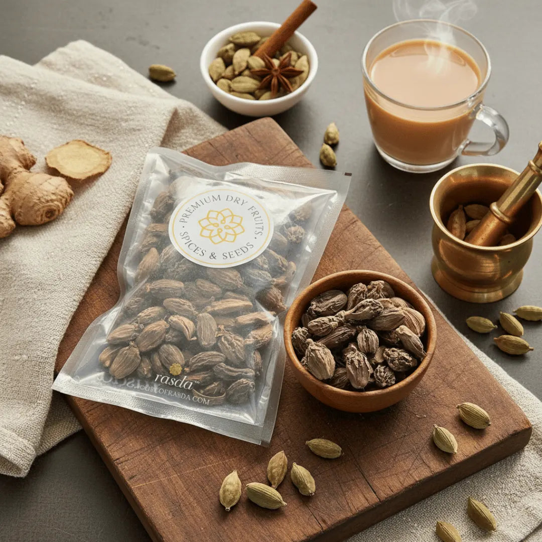 Black Cardamom with packaging on a wooden board, surrounded by cardamom seeds and a cup of tea.