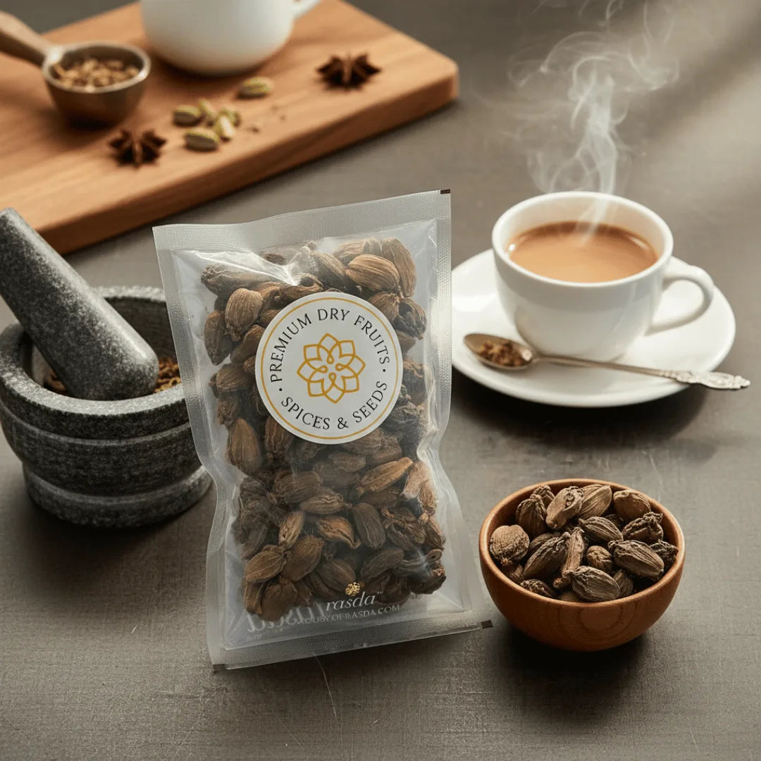 Packaged Black Cardamom with a cup of steaming coffee and mortar and pestle on a wooden surface.