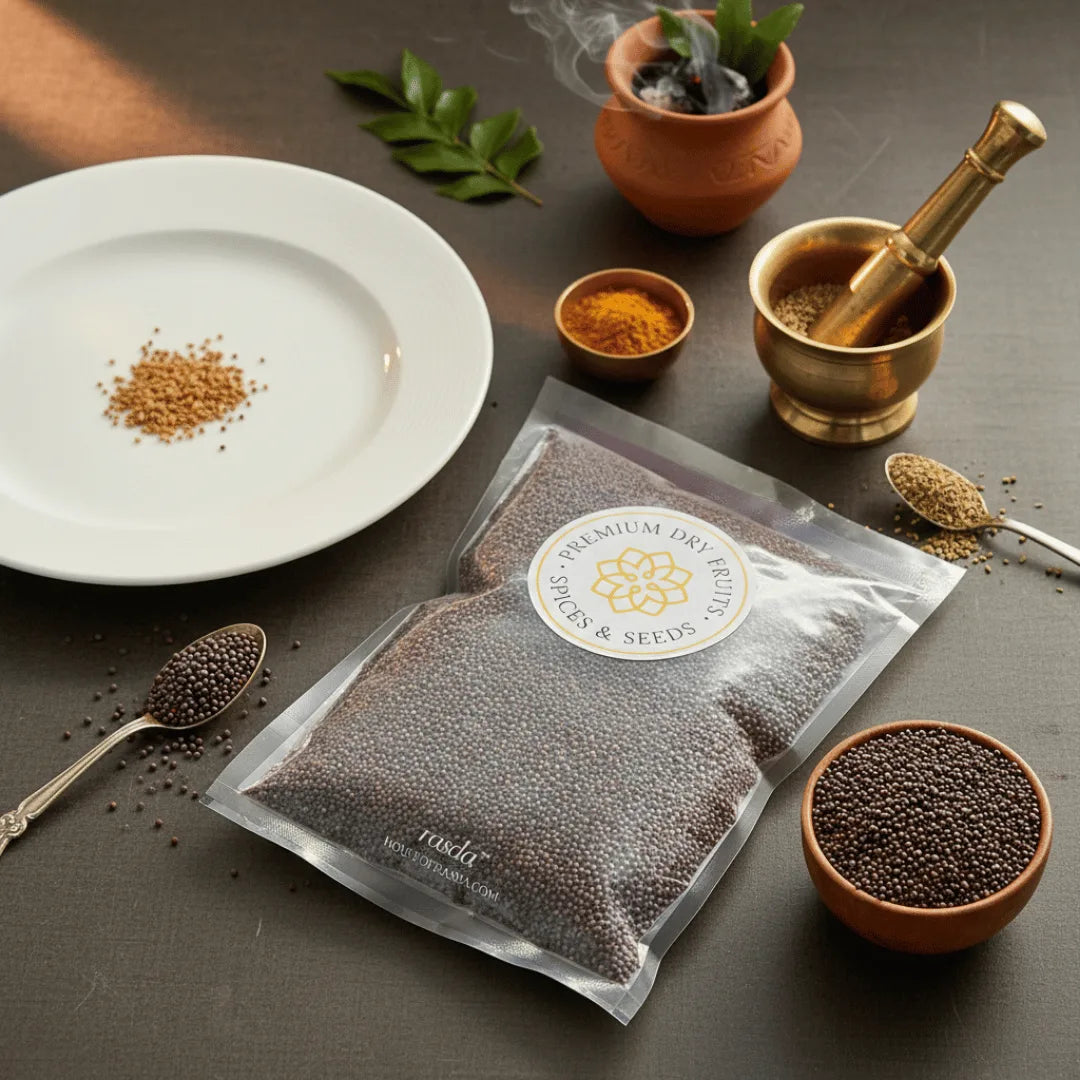 Packaged Black Mustard Seeds with a mortar and pestle on a wooden surface.