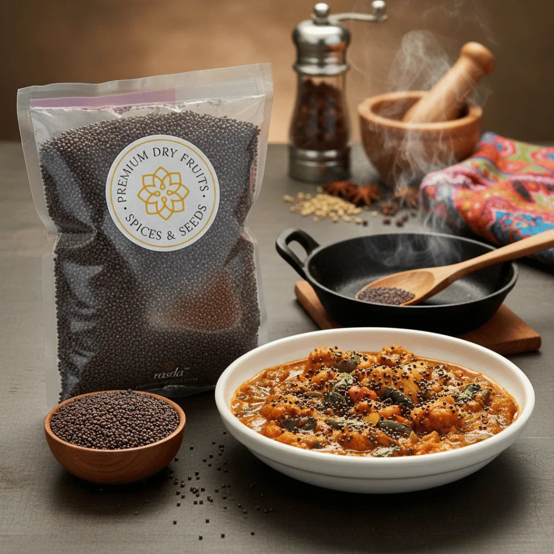 Black Mustard Seeds packaging with a dish of food on a table