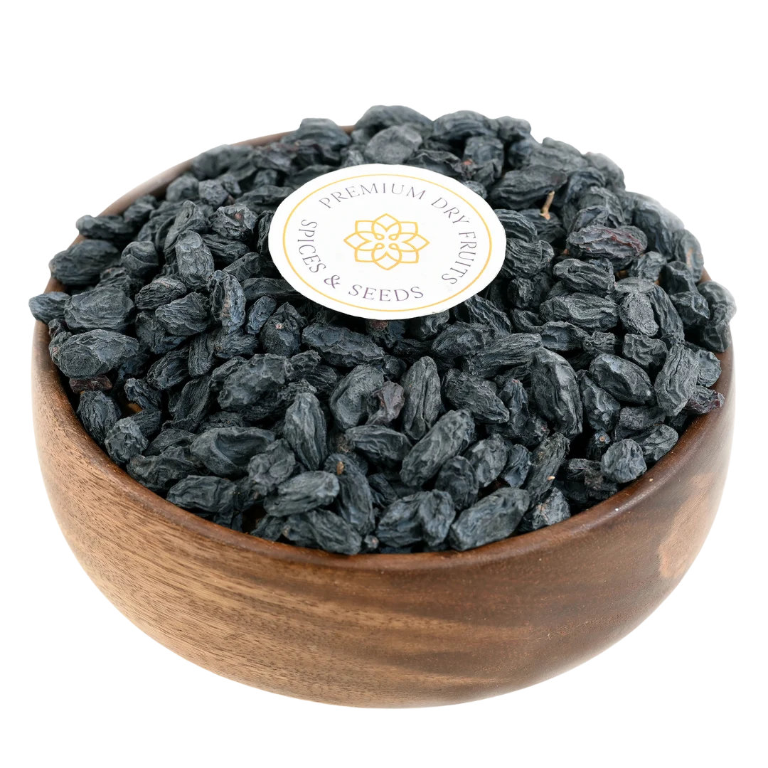 Black Raisins with Seeds Kismis Premium Quality in Wooden Bowl – Naturally Sweet Dry Fruit Rich in Iron and Antioxidants