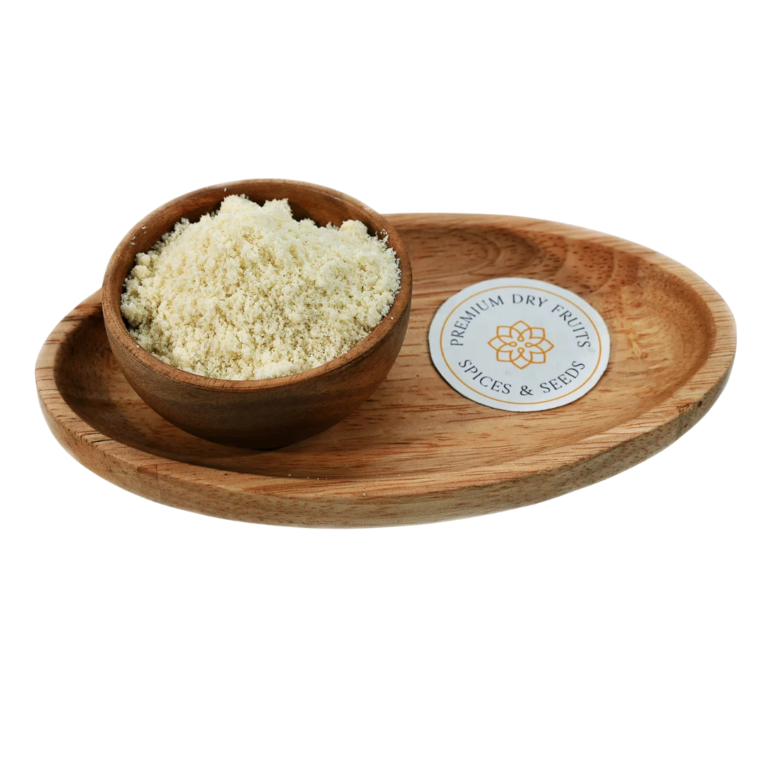 Blanched Almond Flour fine powder in wooden bowl – gluten free keto flour rich in protein and fiber for healthy baking