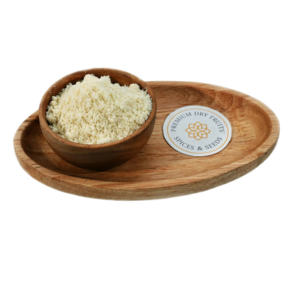 Blanched Almond Flour fine powder in wooden bowl – gluten free keto flour rich in protein and fiber for healthy baking