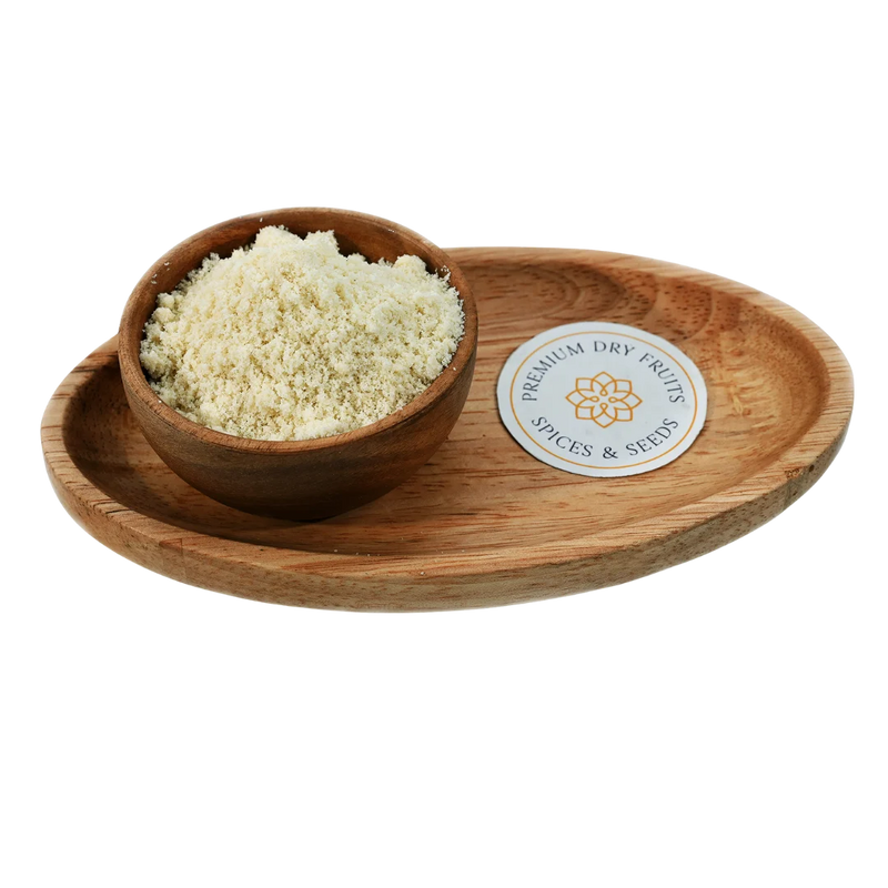 Blanched Almond Flour fine powder in wooden bowl – gluten free keto flour rich in protein and fiber for healthy baking