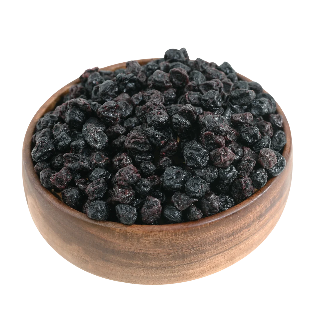 Naturally dried whole blueberries presented in a wooden bowl, highlighting their premium quality and vibrant tone.