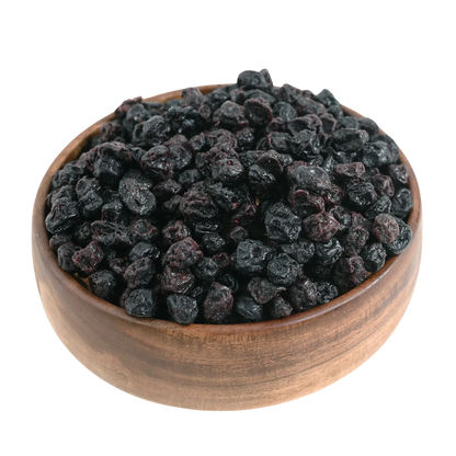 Naturally dried whole blueberries presented in a wooden bowl, highlighting their premium quality and vibrant tone.