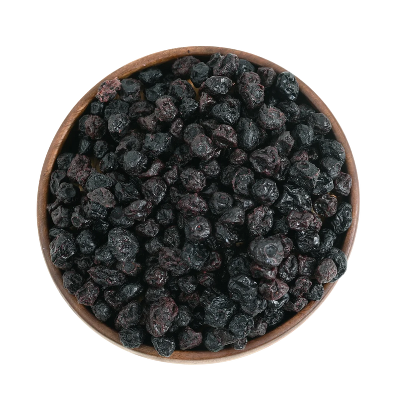 Shiny, dark blueberries dried whole premium arranged neatly in a bowl, emphasizing their rich color and wholesome appeal.