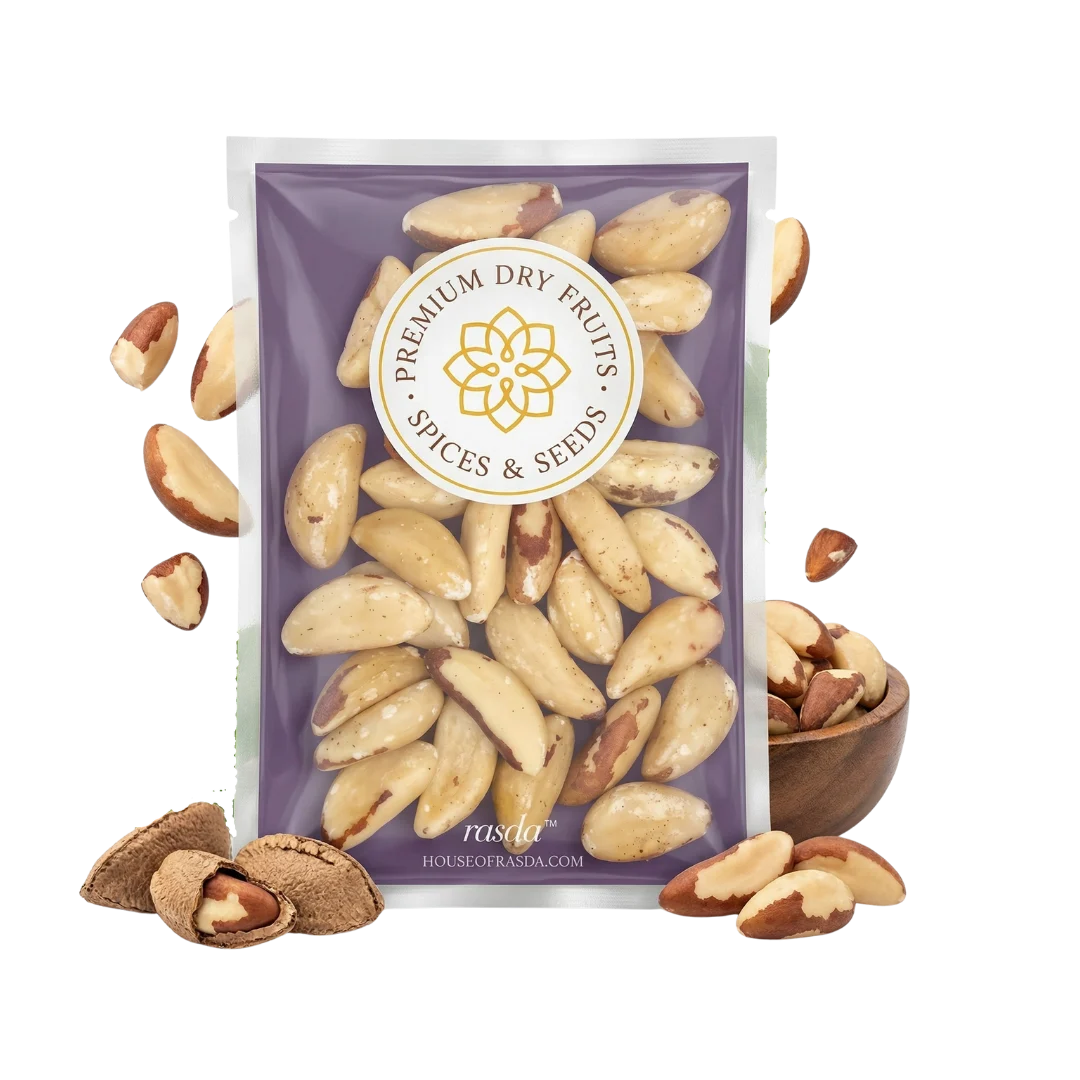 Whole Brazil nuts displayed with packaging – fresh dry fruits