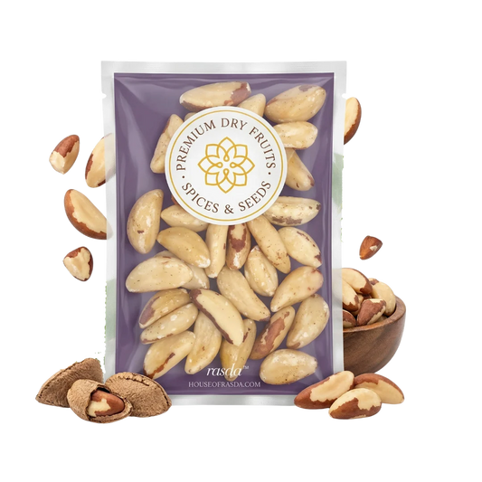 Whole Brazil nuts displayed with packaging – fresh dry fruits