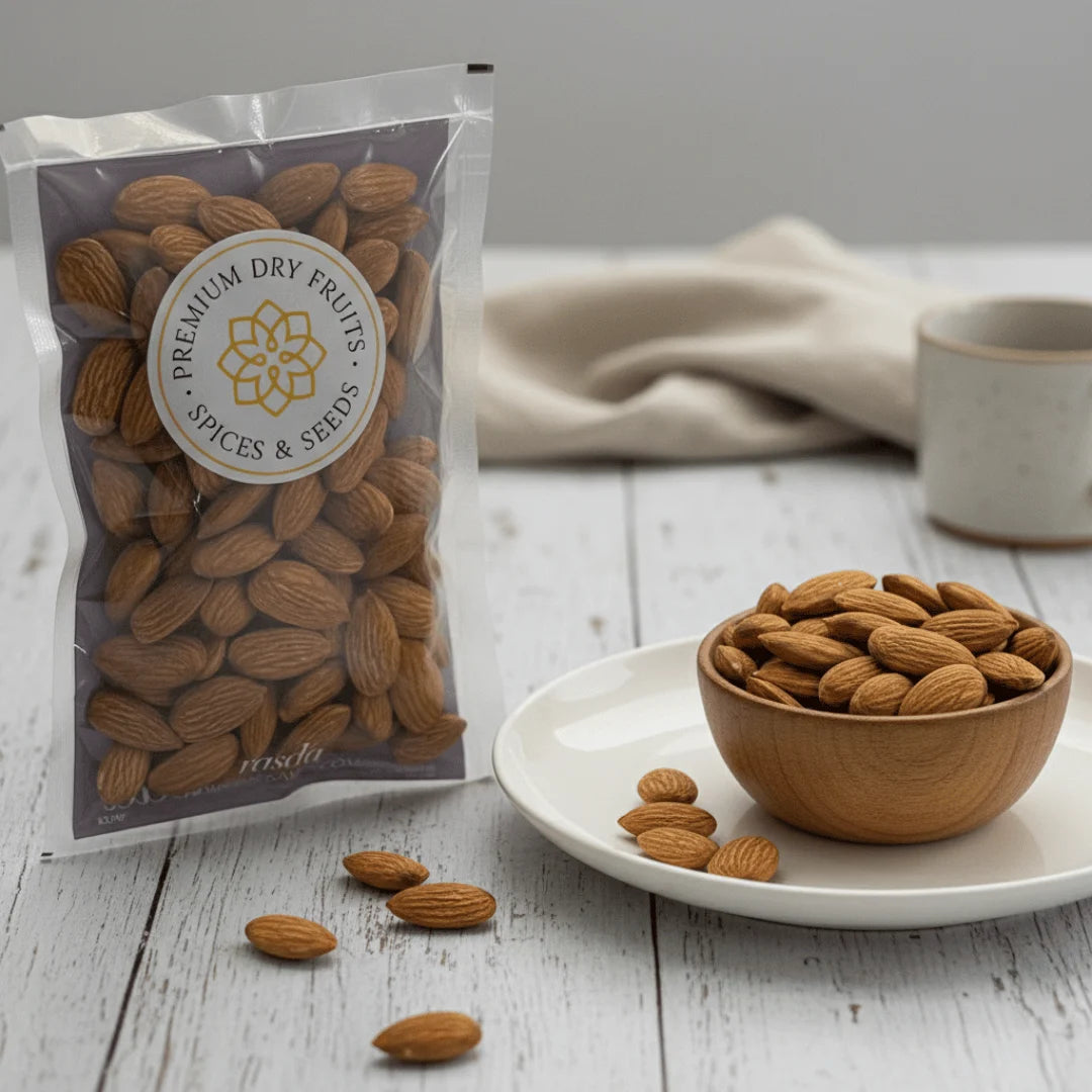 Packaged California Almonds next to a bowl of almonds on a wooden surface