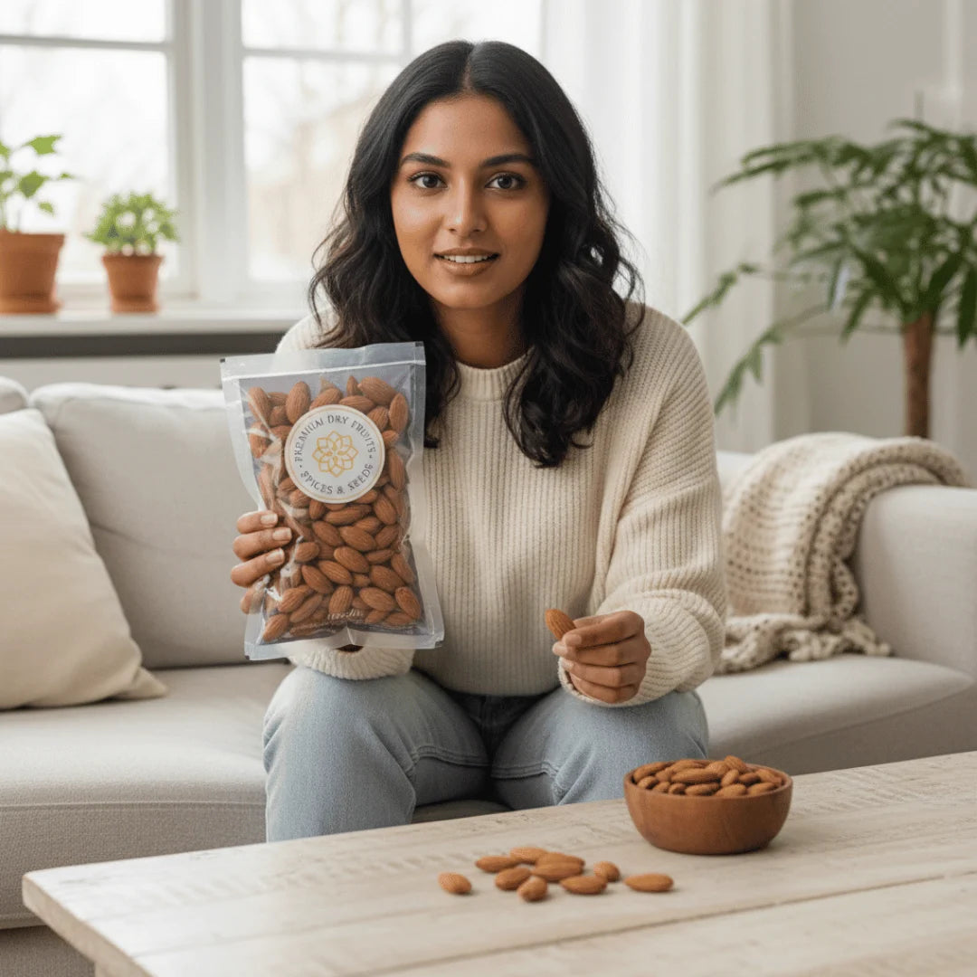 Woman holding a package of California Almonds in a cozy living room.