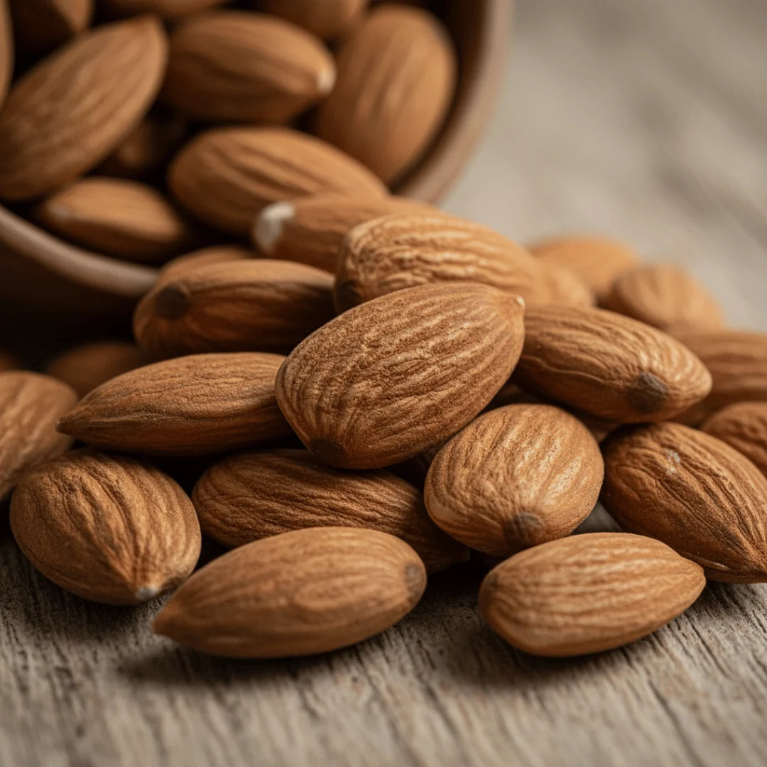 California Almonds on a wooden surface with a blurred bowl in the background