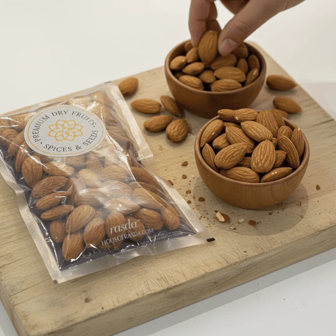 California Almonds Jumbo  in a package and two wooden bowls on a wooden board.