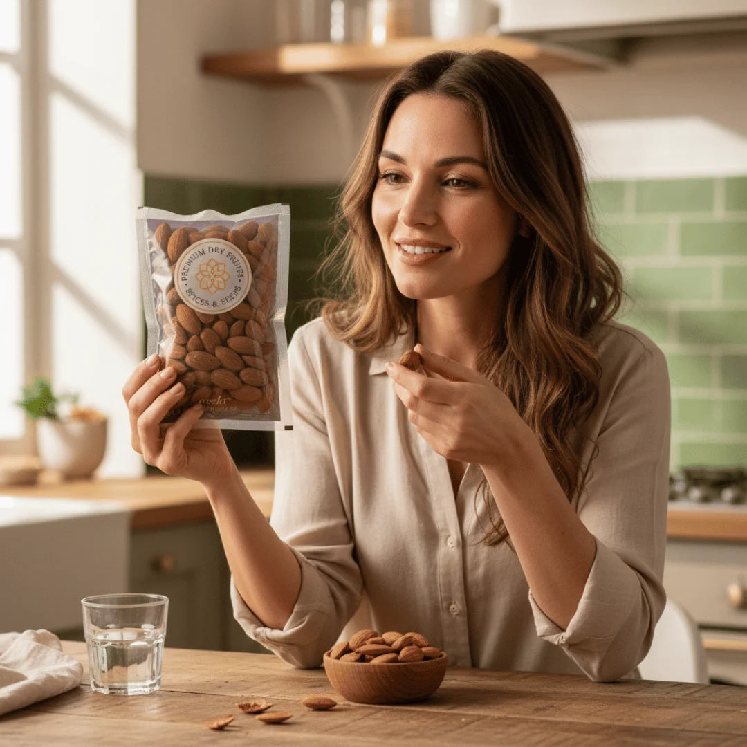 Woman holding a package of California Almonds Jumbo  in a kitchen