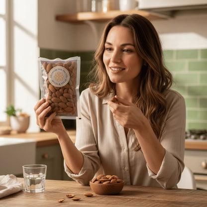 Woman holding a package of California Almonds Jumbo  in a kitchen