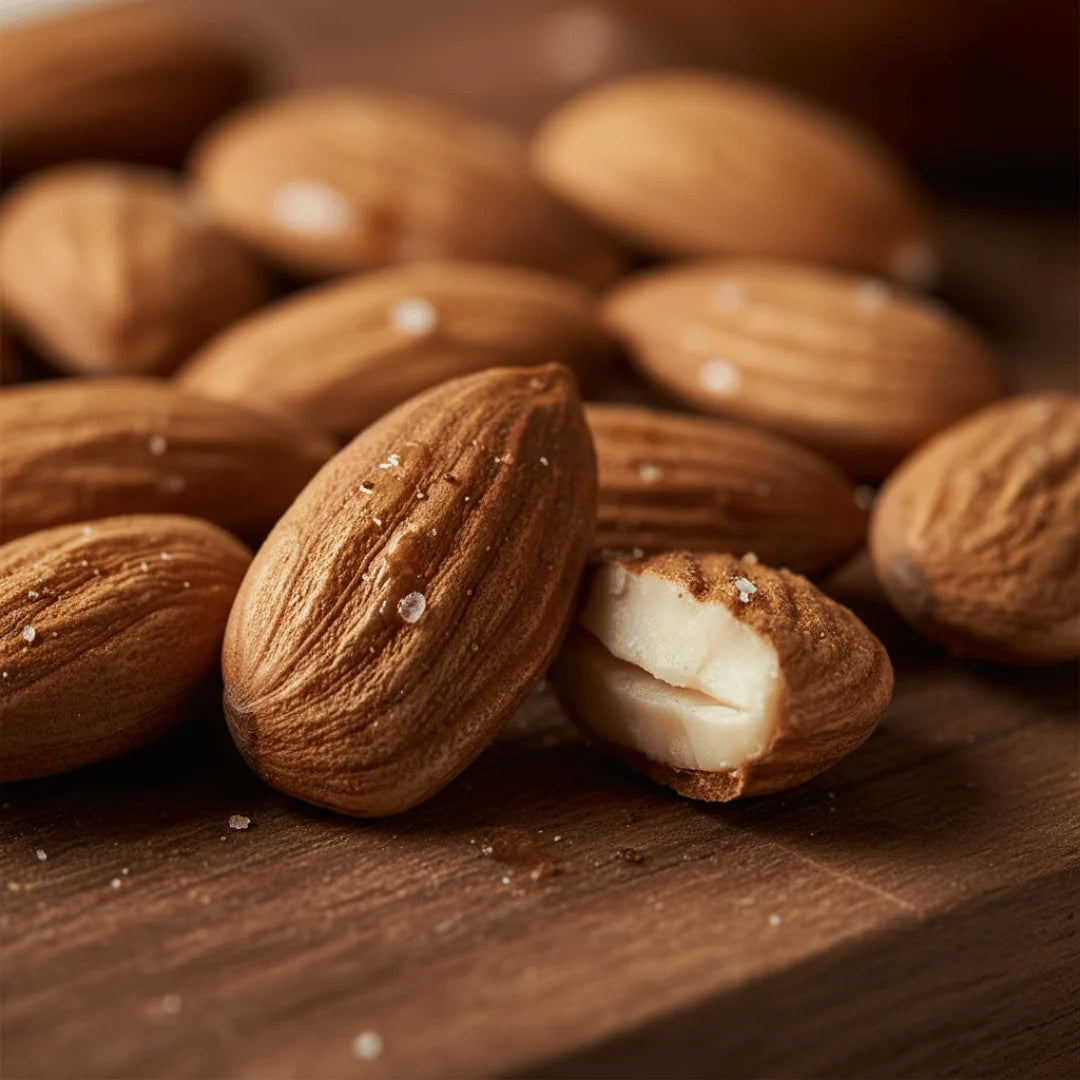 California Almonds Jumbo on a wooden surface with one cracked open to reveal the white interior.