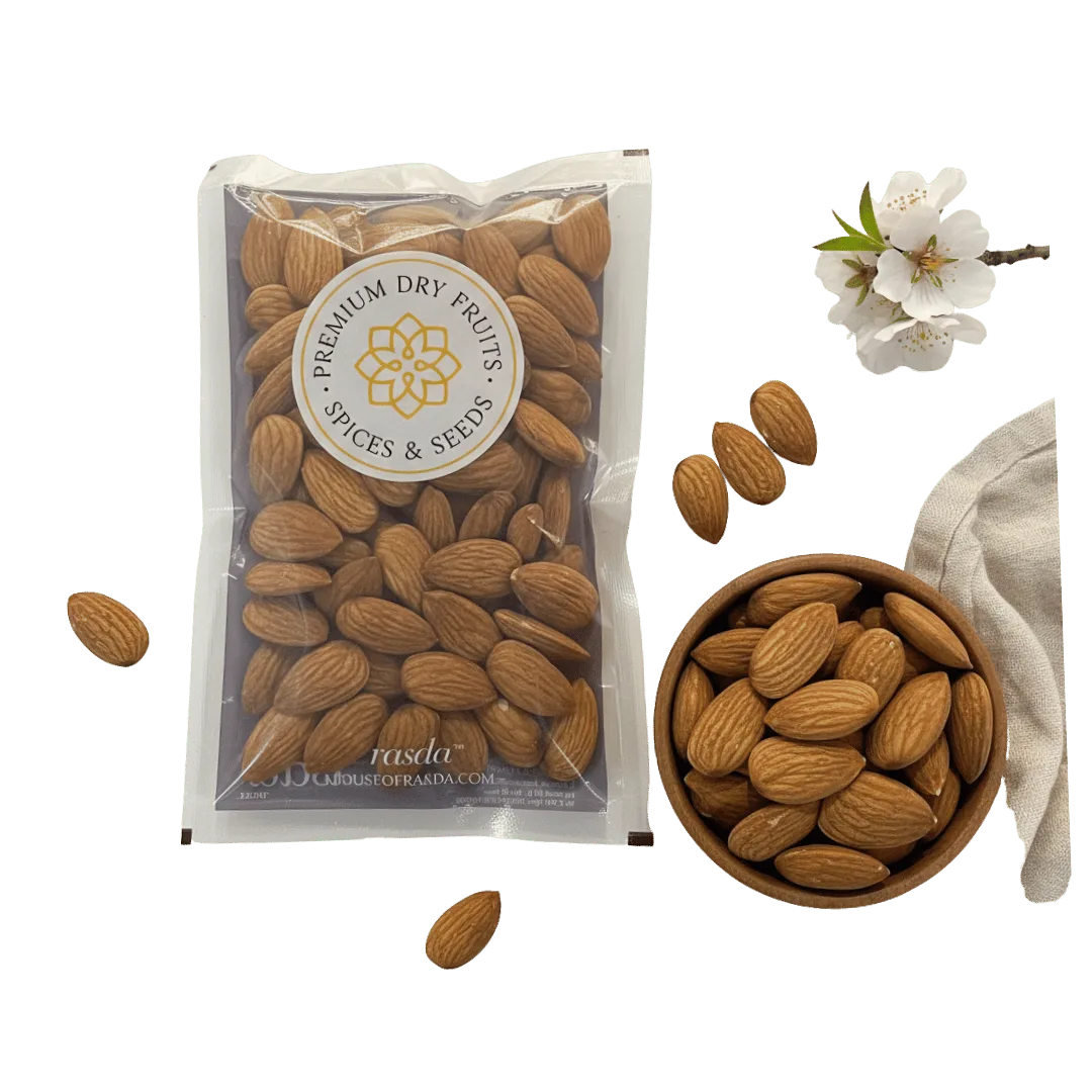 Packaged California Almonds Jumbo with a bowl of almonds and a flower on a white background