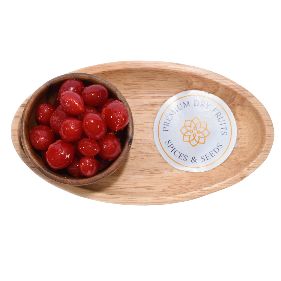 Close-up of Candied Cherries/ Glace Cherries, highlighting their rich color and shiny, preserved surface.