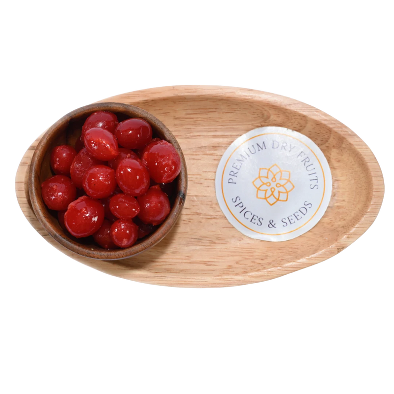 Close-up of Candied Cherries/ Glace Cherries, highlighting their rich color and shiny, preserved surface.