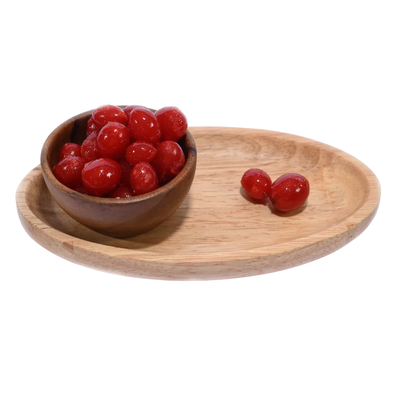 Sweet and vibrant Candied Cherries/ Glace Cherries displayed in a rustic wooden bowl, perfect for baking or garnishing.