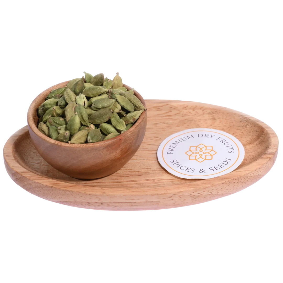 Premium Green Cardamom Pods in Wooden Bowl Aromatic Indian Spice for Tea and Cooking