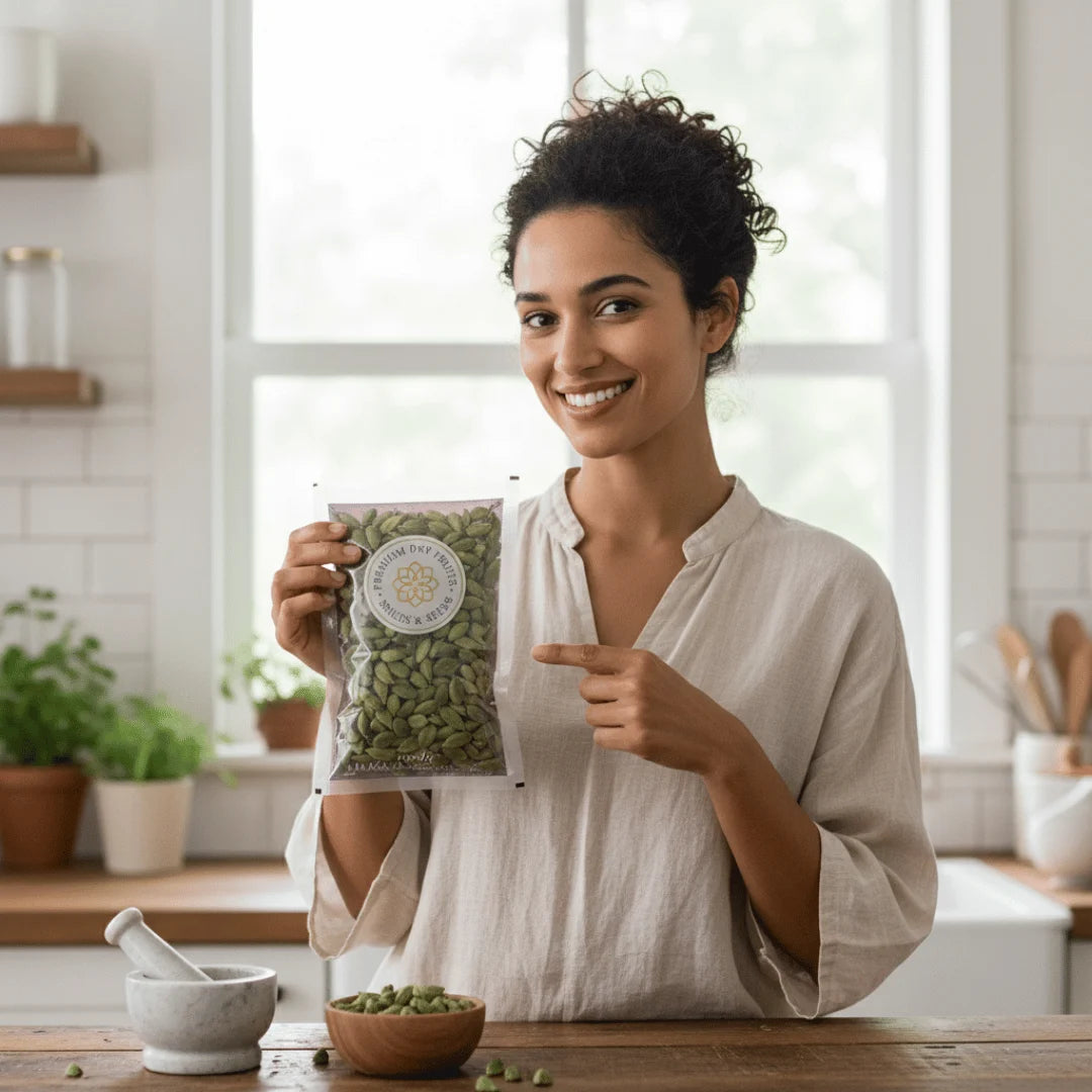 Woman holding a package of green Green Cardamom in a kitchen