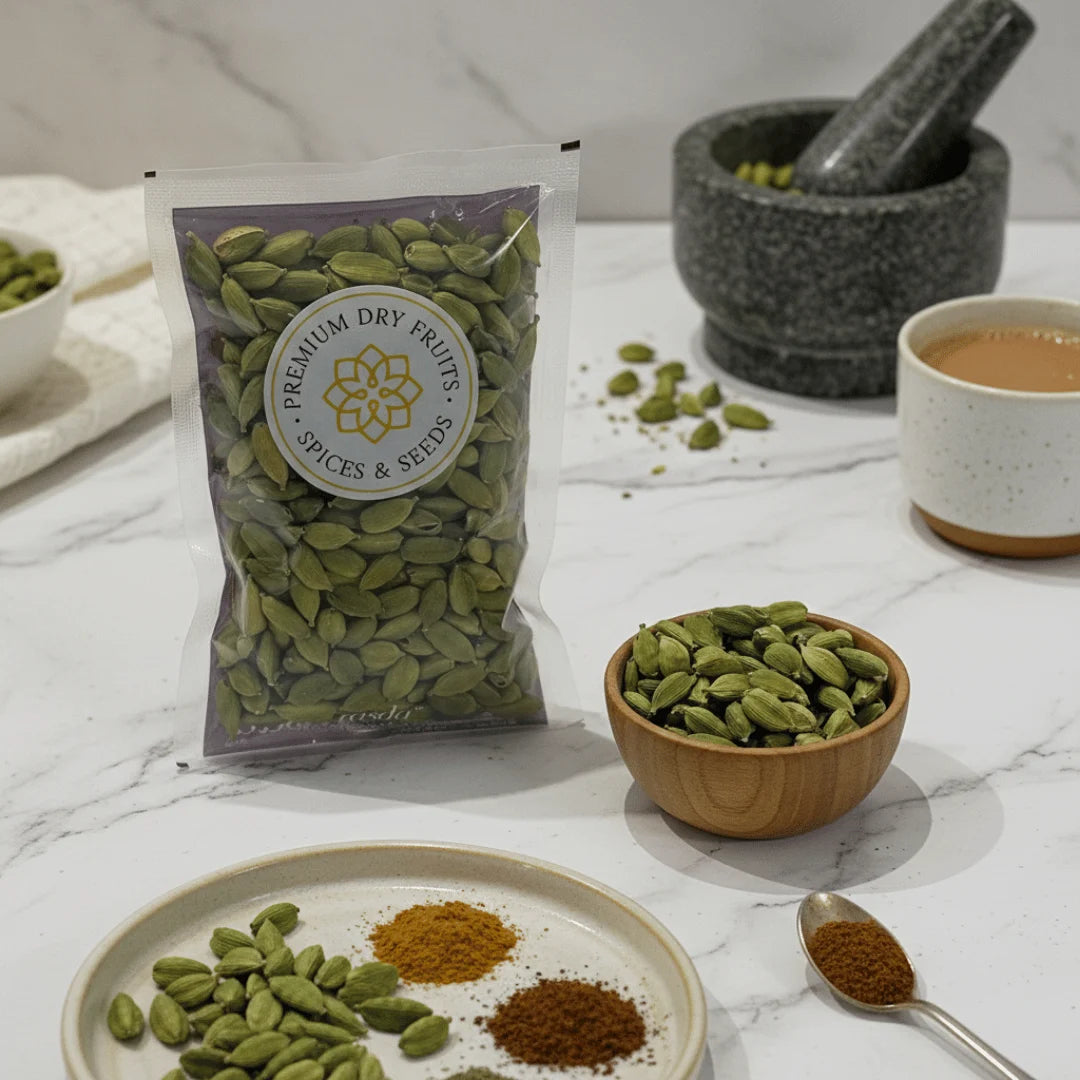 Green Cardamom packaging on a marble surface with spices and a mortar and pestle.