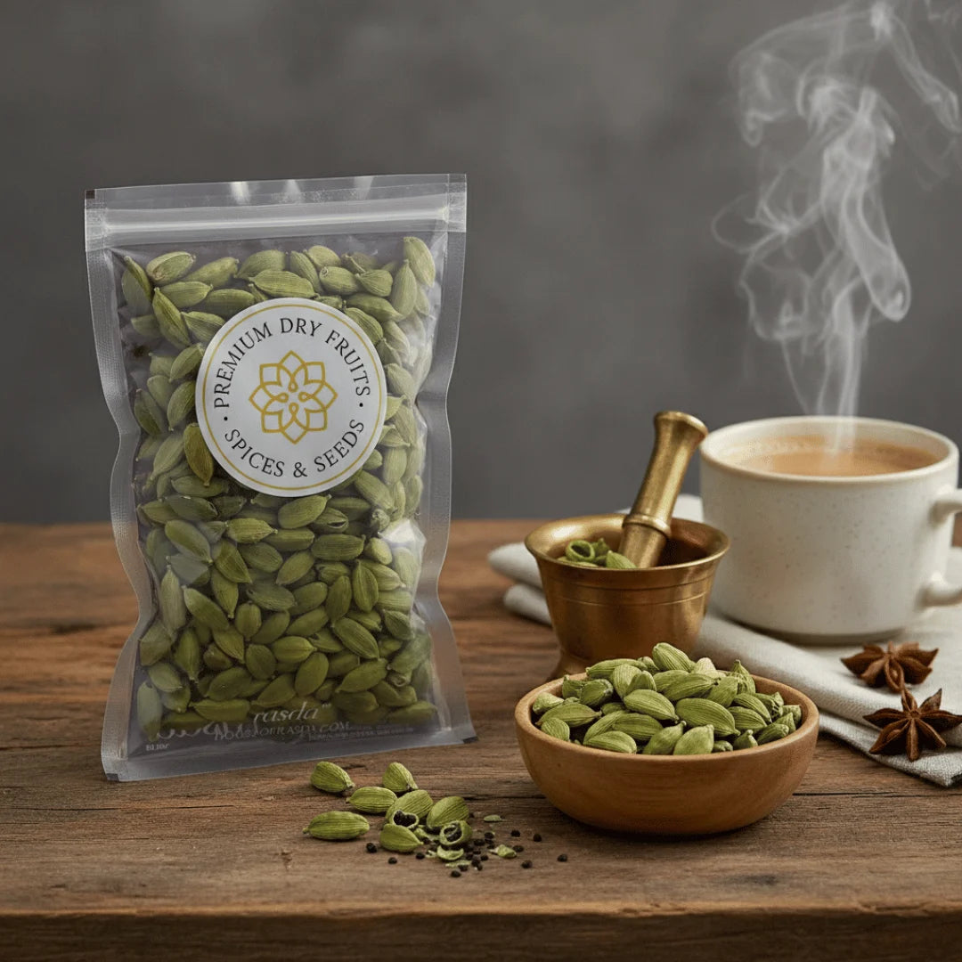 Packaged green cardamom on a wooden table with a cup of coffee and smoking pot.